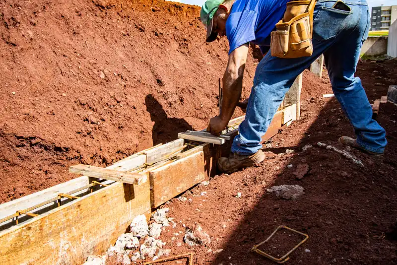 Worker setting wooden footing forms with a rebar cage in a trench dug into clay
