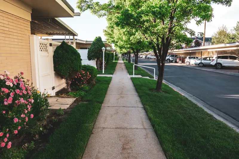 Straight residential concrete sidewalk with evenly spaced control joints between lawns